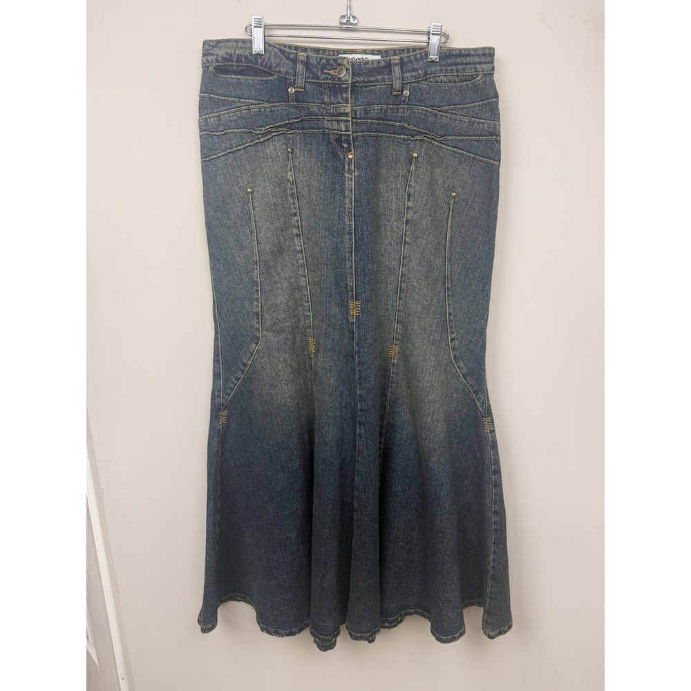 Vintage Y2K Bisou Bisou Jeans Maxi Denim Skirt Flare Mermaid Boho 2000s Festival